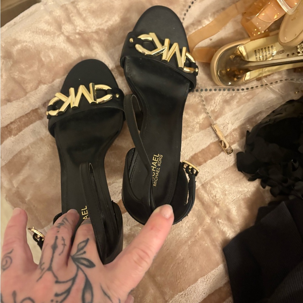 Michael Kors Black Sandals with Gold Accents